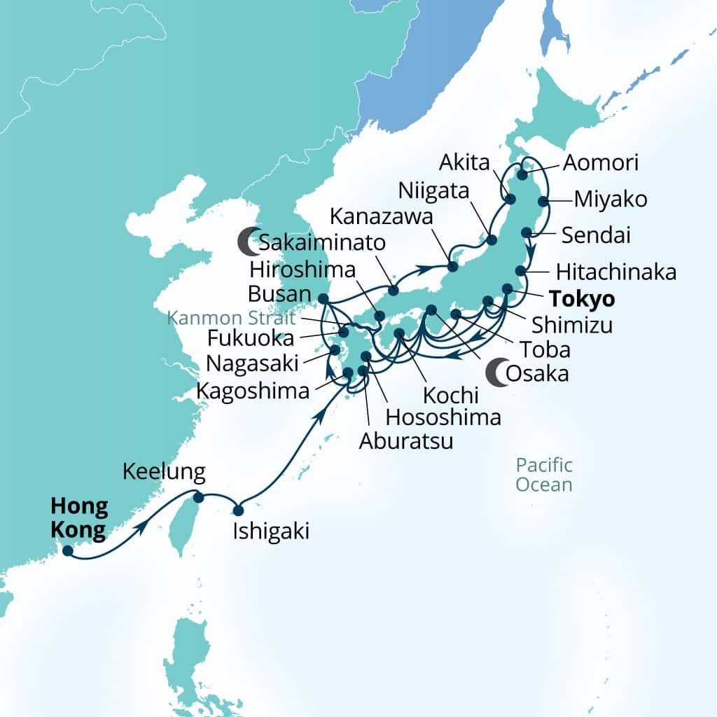 Carte de l’itinéraire Seabourn Encore, Hong Kong, Chine → Tokyo, Japon