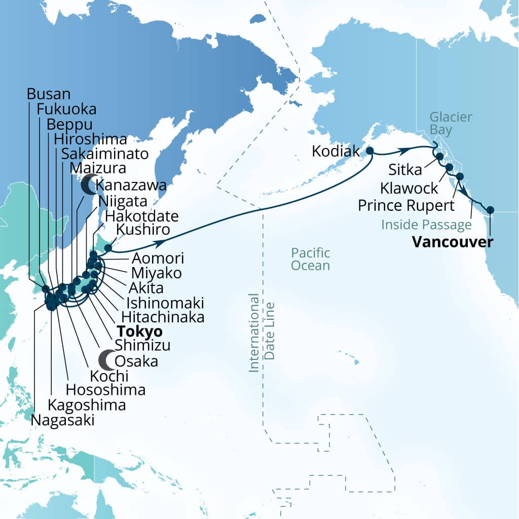 Carte de l’itinéraire Seabourn Encore, Tokyo, Japon → Vancouver, B.C., CA