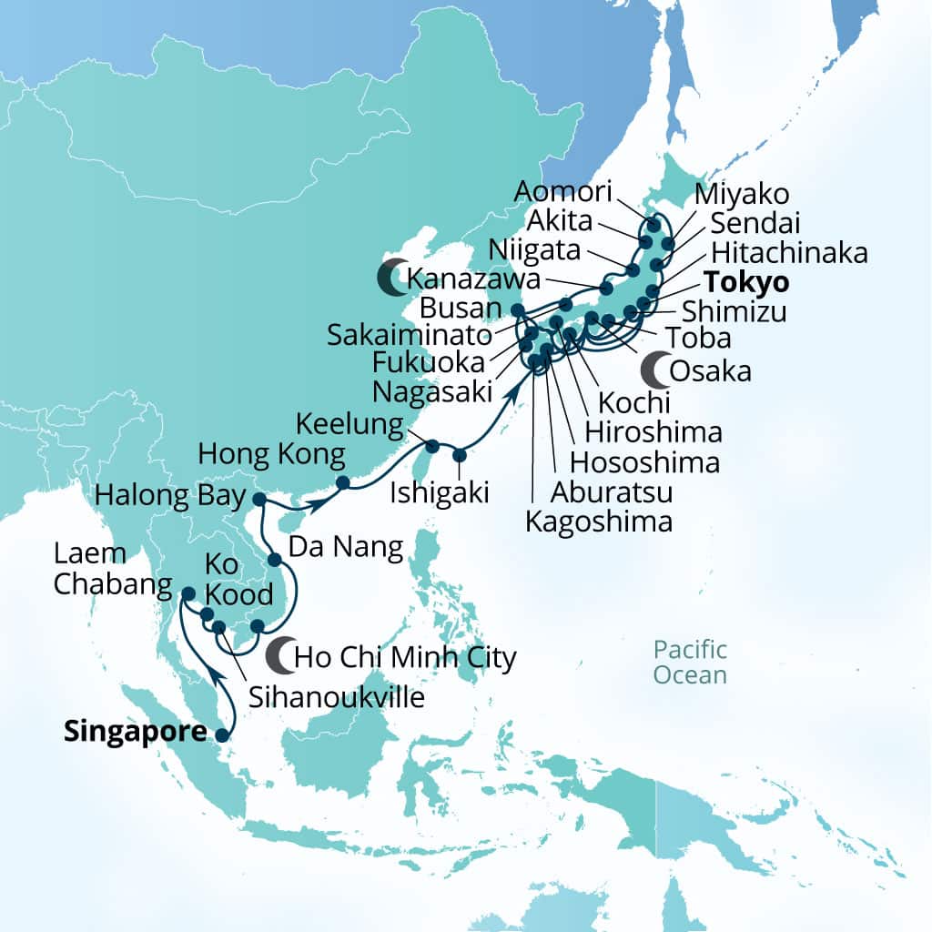 Carte de l’itinéraire Seabourn Encore, Singapour → Tokyo, Japon