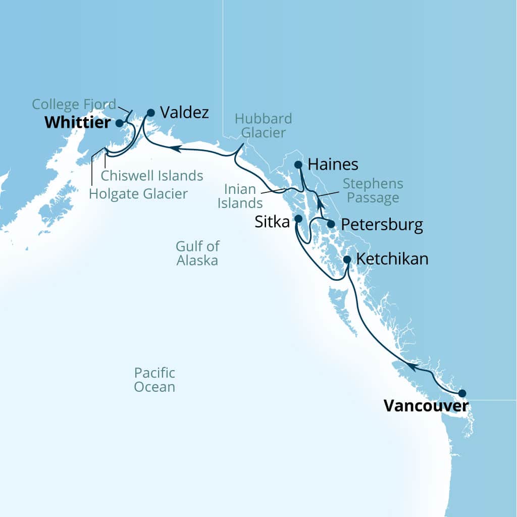 Carte de l’itinéraire Seabourn Encore, Vancouver, B.C., CA → Whittier, Alaska, États-Unis
