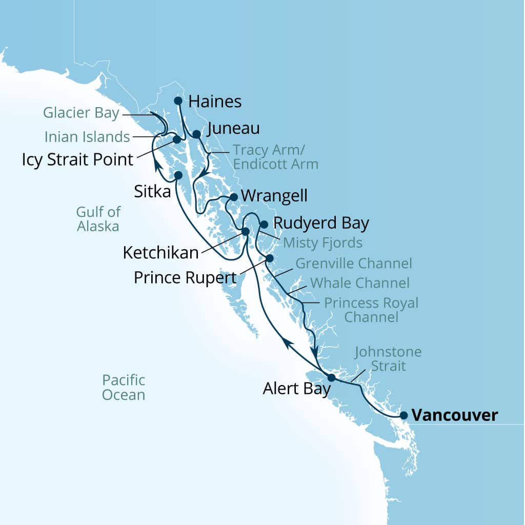Carte de l’itinéraire Seabourn Encore, Vancouver, B.C., CA → Vancouver, B.C., CA