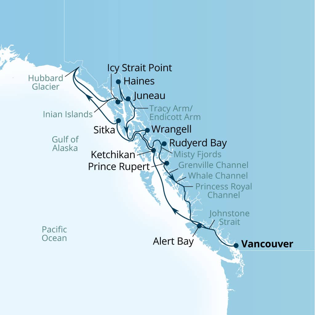 Carte de l’itinéraire Seabourn Encore, Vancouver, B.C., CA → Vancouver, B.C., CA
