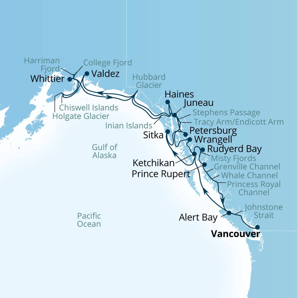 Carte de l’itinéraire Seabourn Encore, Vancouver, B.C., CA → Vancouver, B.C., CA