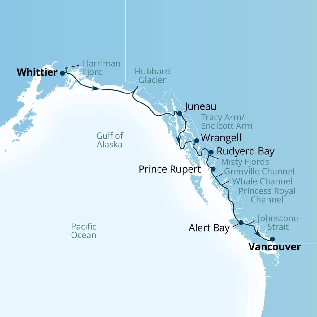 Carte de l’itinéraire Seabourn Encore, Whittier, Alaska, États-Unis → Vancouver, B.C., CA