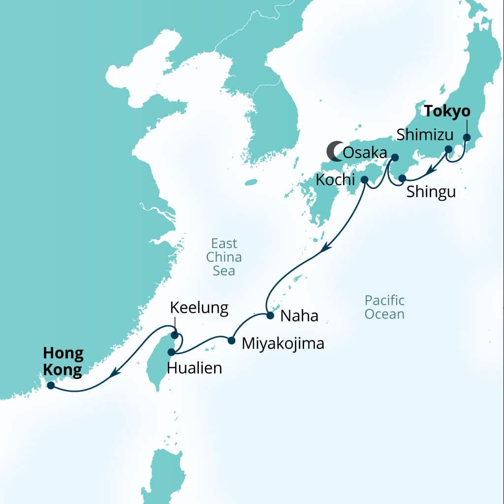 Carte de l’itinéraire Seabourn Encore, Tokyo, Japon → Hong Kong, Chine