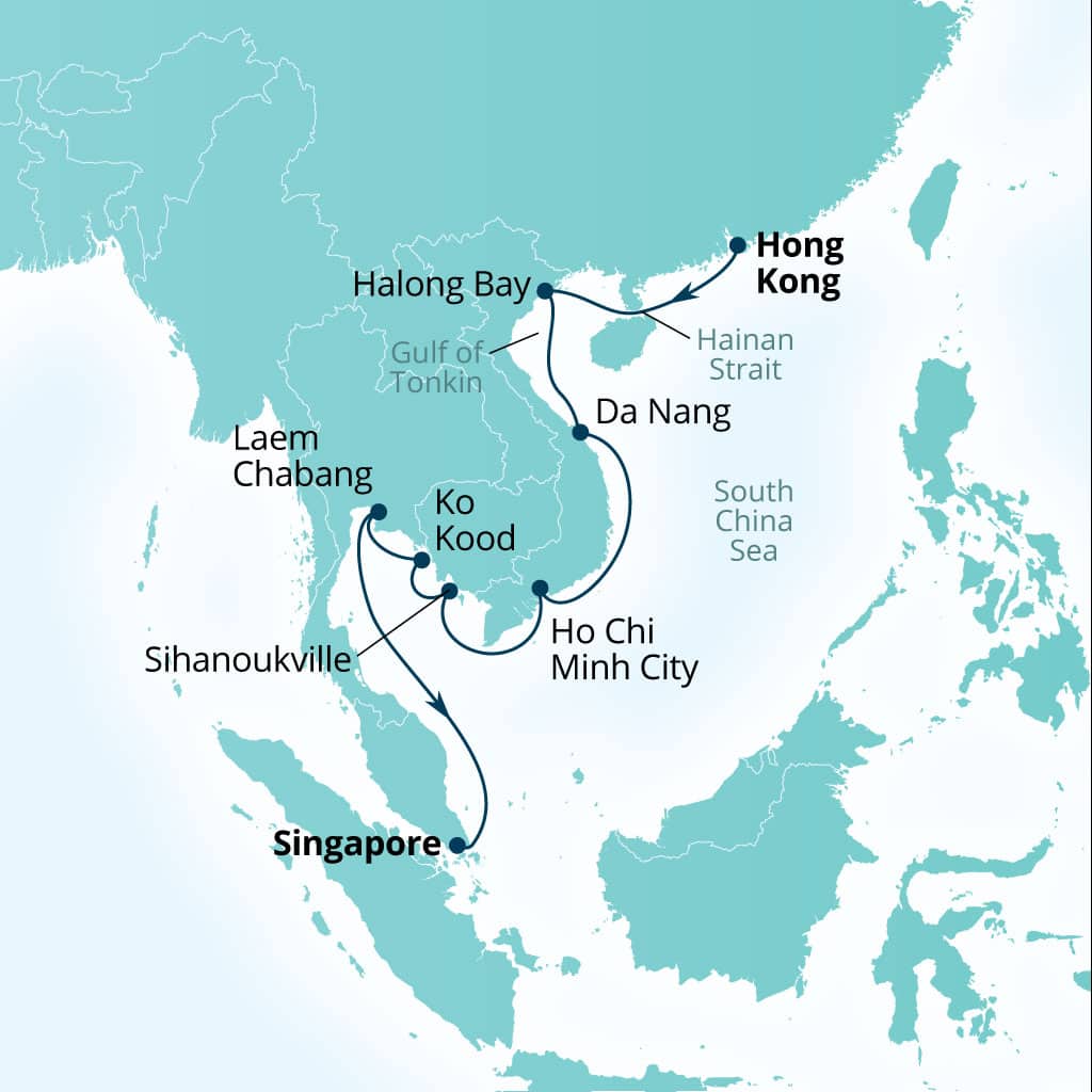 Carte de l’itinéraire Seabourn Encore, Hong Kong, Chine → Singapour