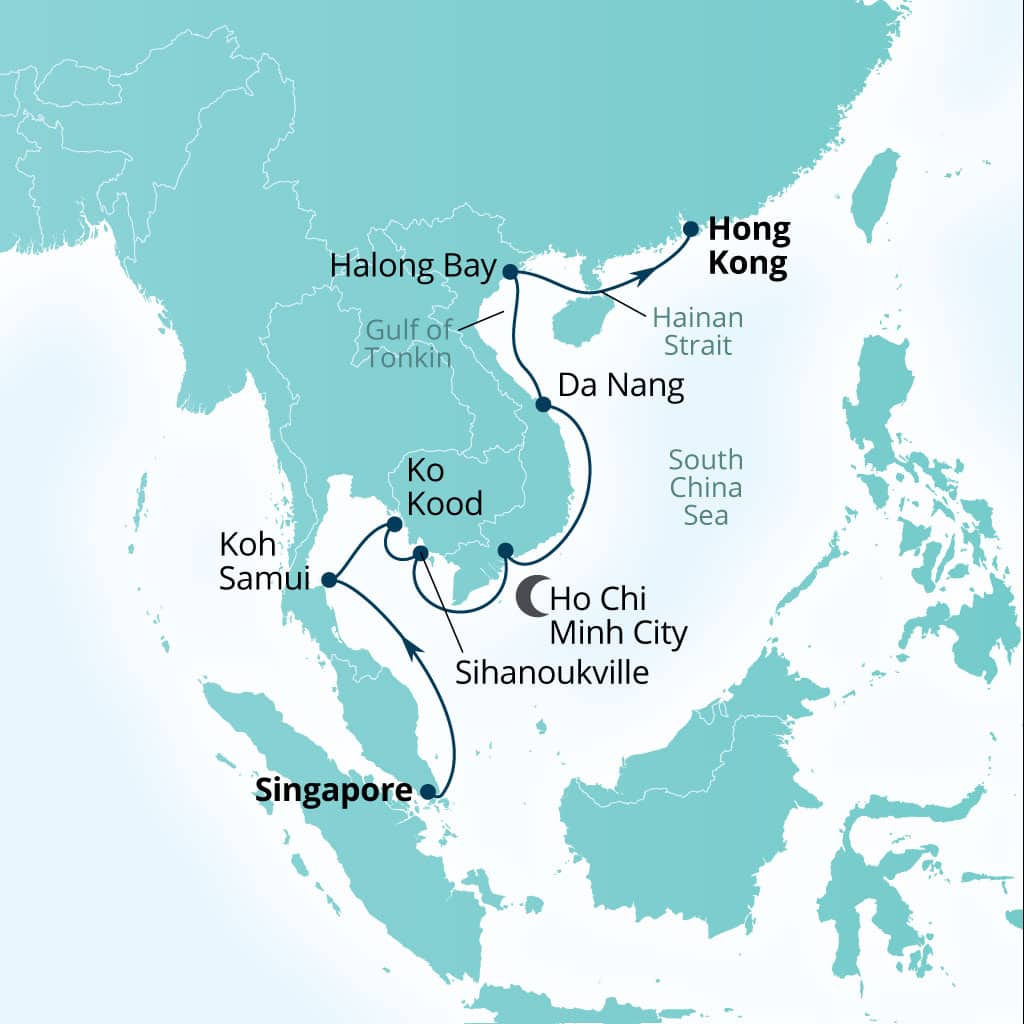 Carte de l’itinéraire Seabourn Encore, Singapour → Hong Kong, Chine