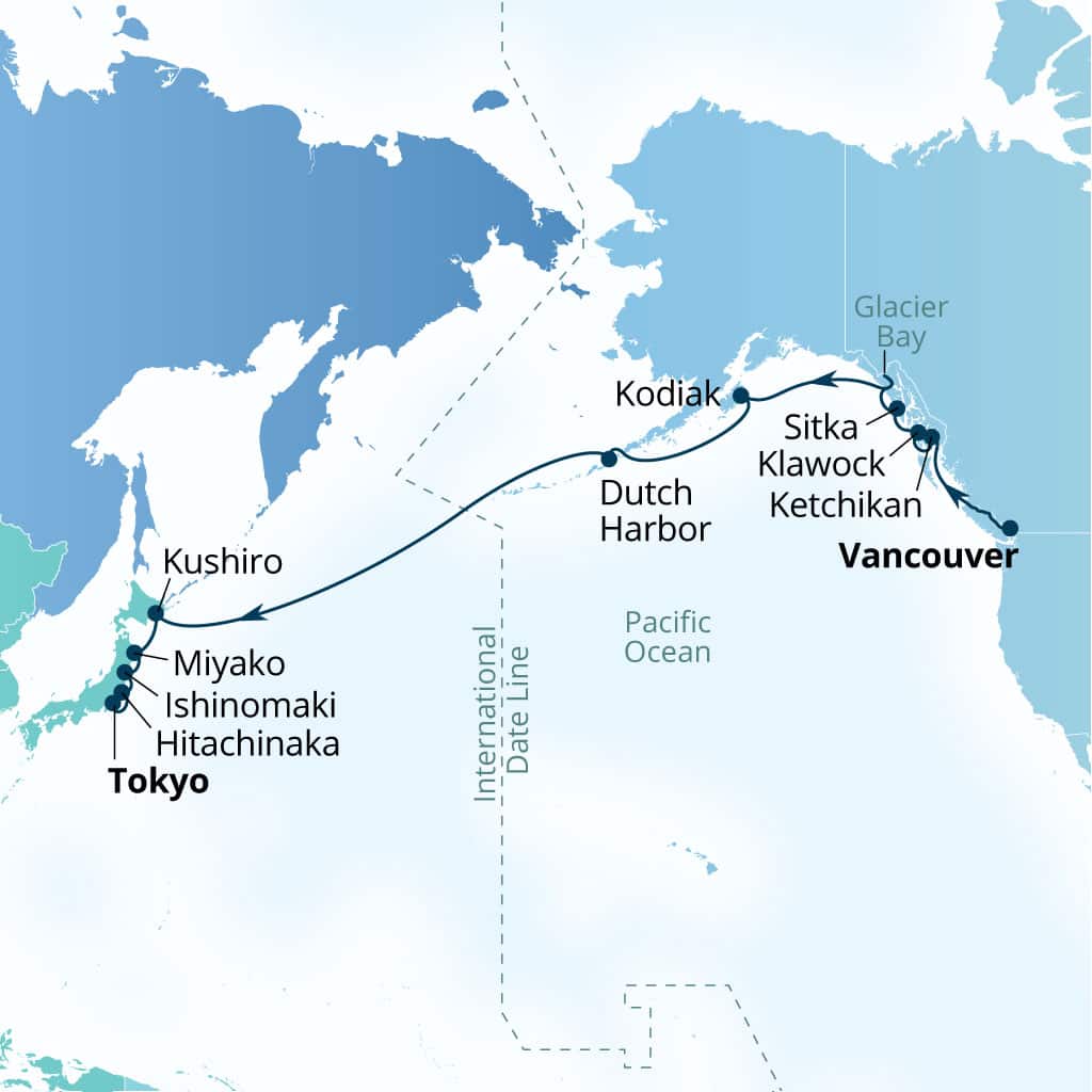 Carte de l’itinéraire Seabourn Encore, Vancouver, B.C., CA → Tokyo, Japon