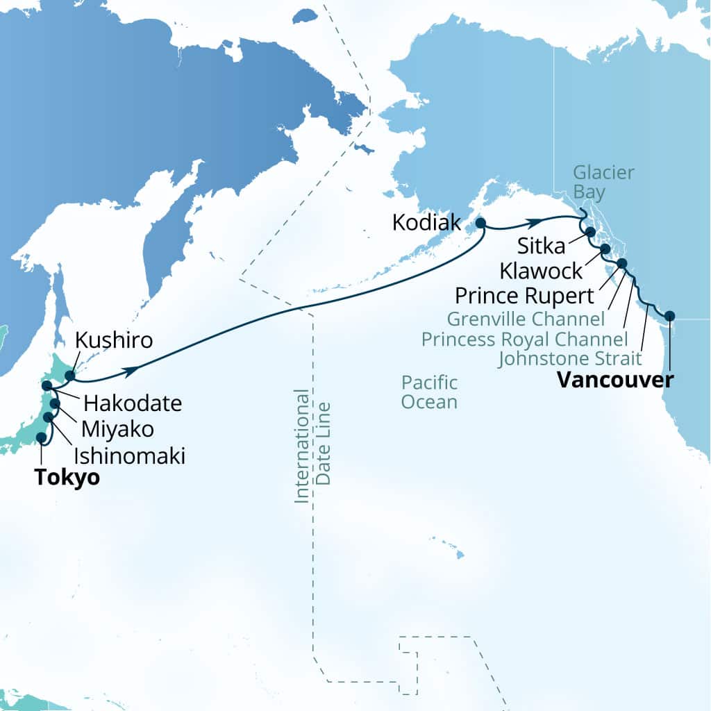Carte de l’itinéraire Seabourn Encore, Tokyo, Japon → Vancouver, B.C., CA