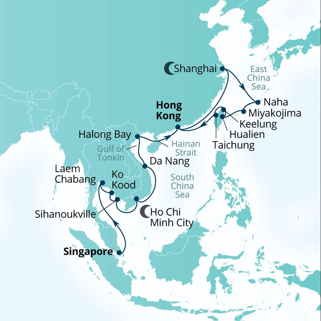 Carte de l’itinéraire Seabourn Encore, Singapour → Hong Kong, Chine