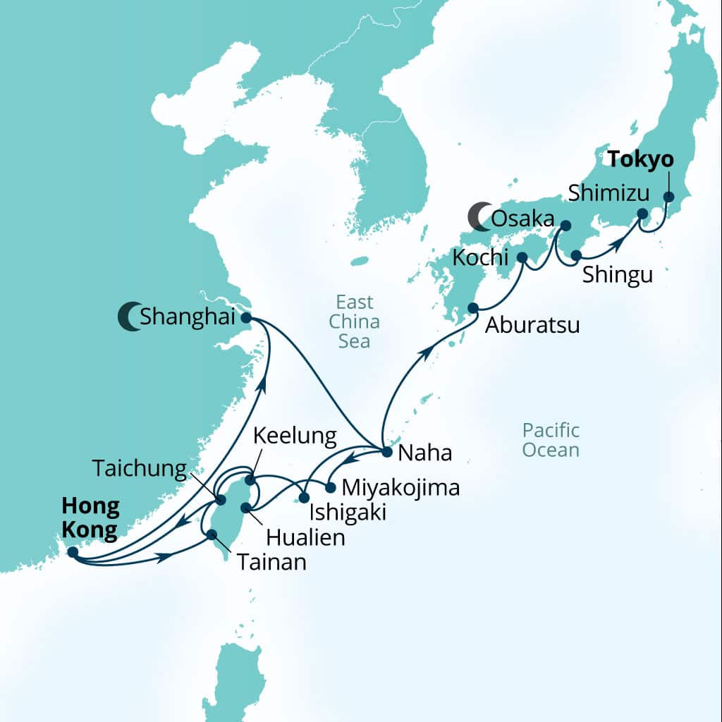 Carte de l’itinéraire Seabourn Encore, Hong Kong, Chine → Tokyo, Japon
