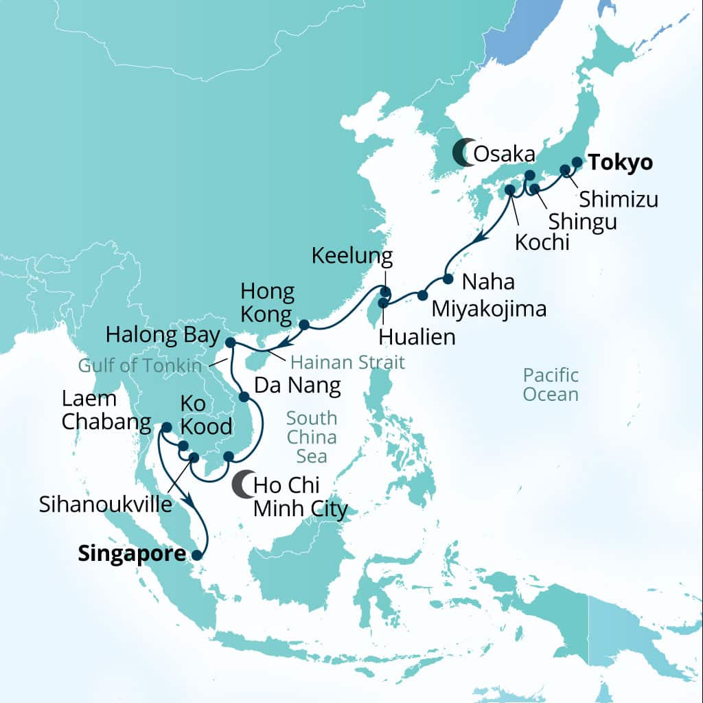 Carte de l’itinéraire Seabourn Encore, Tokyo, Japon → Singapour