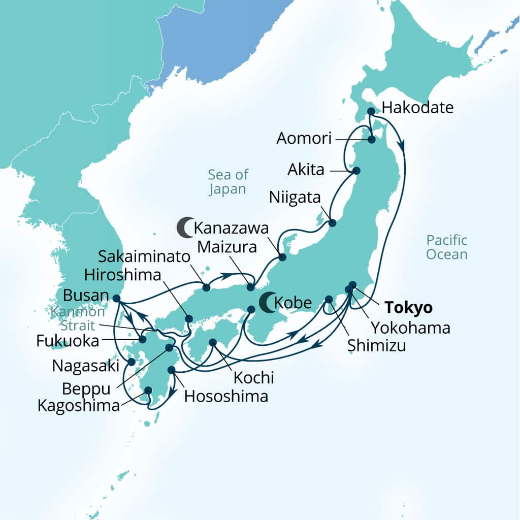 Carte de l’itinéraire Seabourn Encore, Tokyo, Japon → Tokyo, Japon