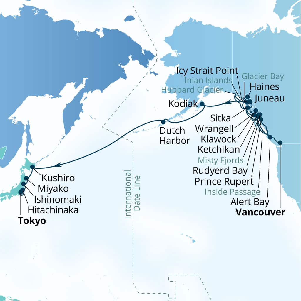 Carte de l’itinéraire Seabourn Encore, Vancouver, B.C., CA → Tokyo, Japon