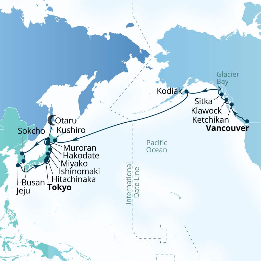 Carte de l’itinéraire Seabourn Encore, Vancouver, B.C., CA → Tokyo, Japon