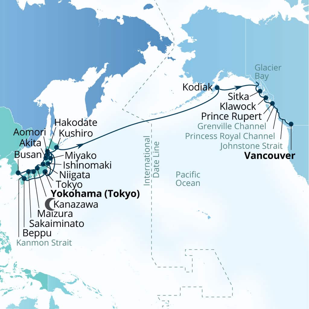 Carte de l’itinéraire Seabourn Encore, Yokohama, Japon → Vancouver, B.C., CA