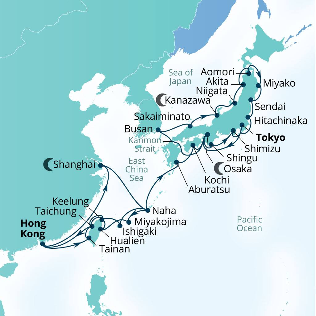 Carte de l’itinéraire Seabourn Encore, Hong Kong, Chine → Tokyo, Japon