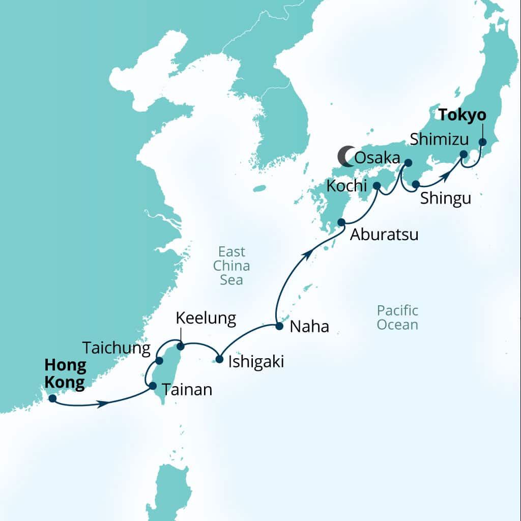 Carte de l’itinéraire Seabourn Encore, Hong Kong, Chine → Tokyo, Japon
