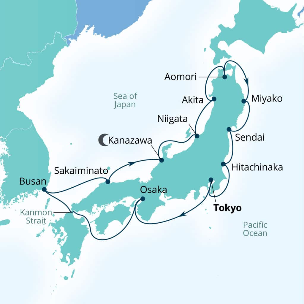 Carte de l’itinéraire Seabourn Encore, Tokyo, Japon → Tokyo, Japon