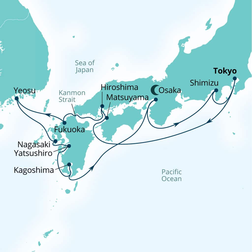 Carte de l’itinéraire Seabourn Encore, Tokyo, Japon → Tokyo, Japon