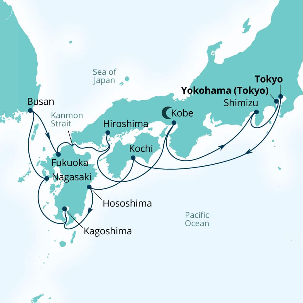 Carte de l’itinéraire Seabourn Encore, Tokyo, Japon → Yokohama, Japon