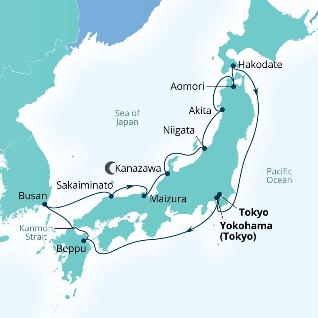 Carte de l’itinéraire Seabourn Encore, Yokohama, Japon → Tokyo, Japon