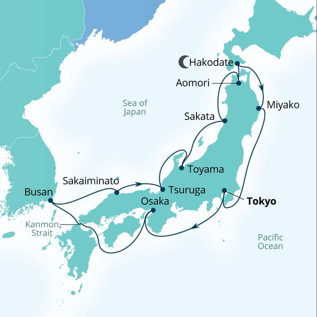 Carte de l’itinéraire Seabourn Encore, Tokyo, Japon → Tokyo, Japon