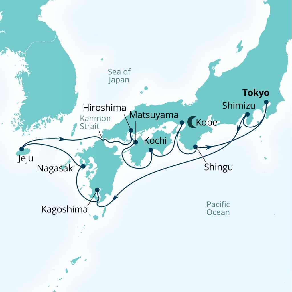Carte de l’itinéraire Seabourn Encore, Tokyo, Japon → Tokyo, Japon