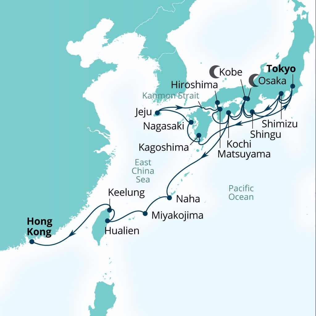 Carte de l’itinéraire Seabourn Encore, Tokyo, Japon → Hong Kong, Chine