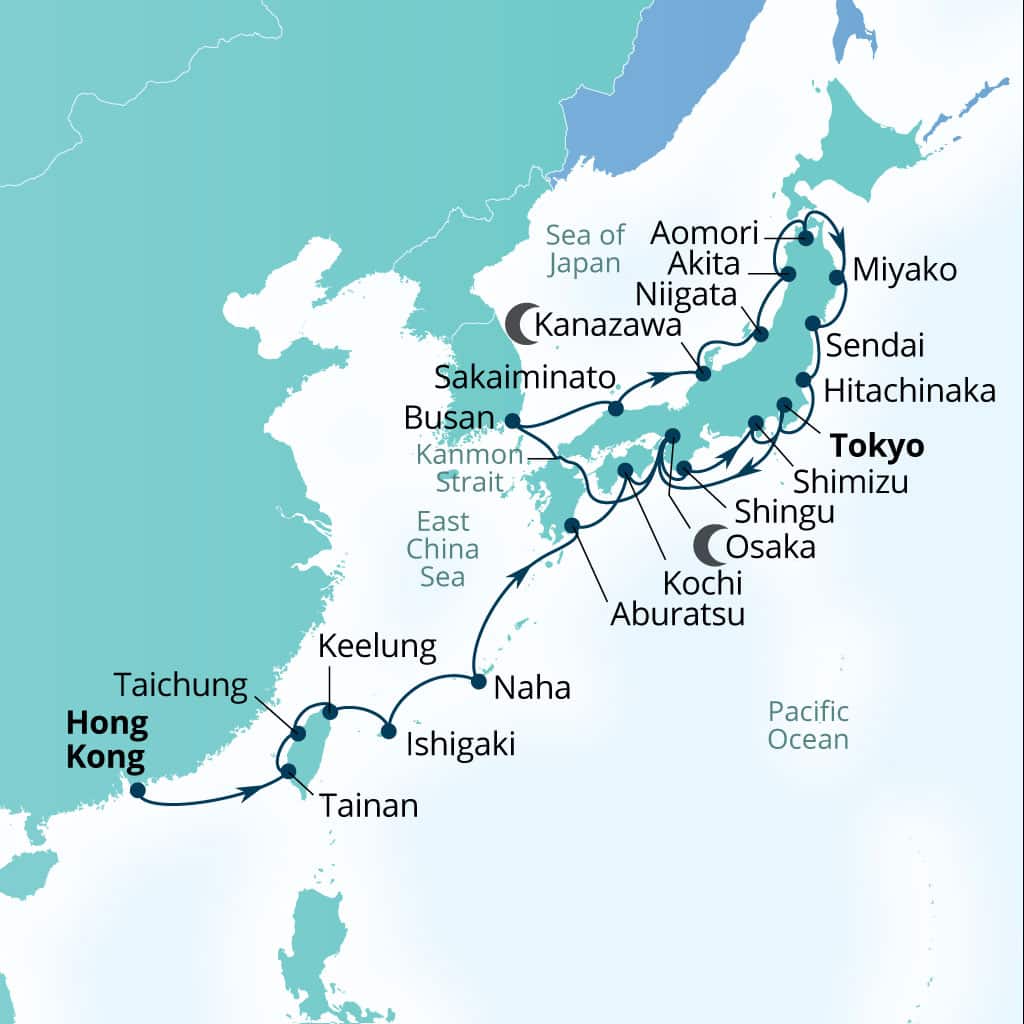 Carte de l’itinéraire Seabourn Encore, Hong Kong, Chine → Tokyo, Japon
