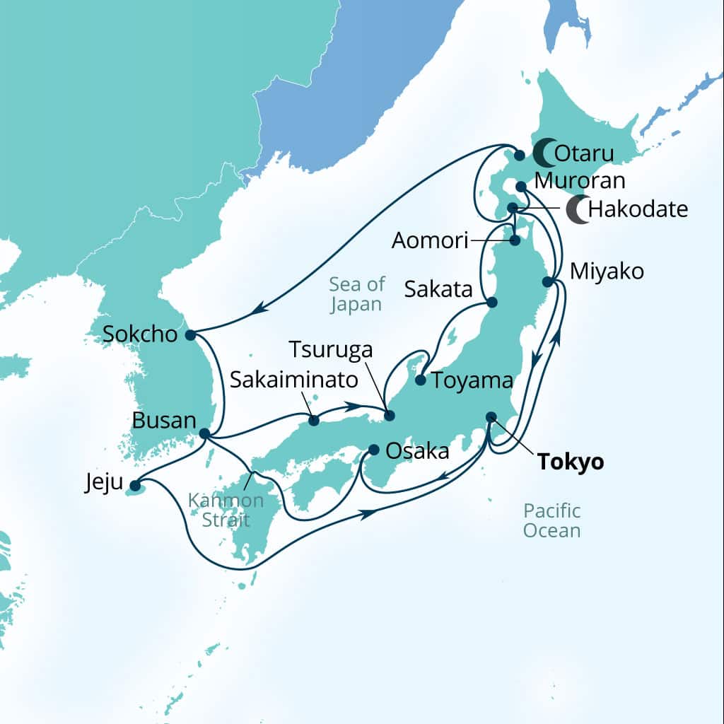 Carte de l’itinéraire Seabourn Encore, Tokyo, Japon → Tokyo, Japon