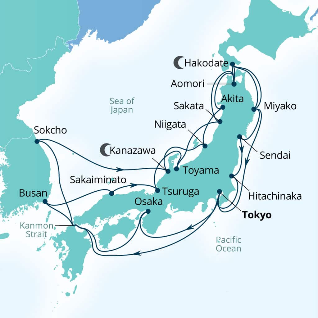 Carte de l’itinéraire Seabourn Encore, Tokyo, Japon → Tokyo, Japon