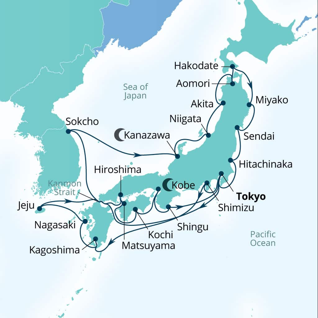 Carte de l’itinéraire Seabourn Encore, Tokyo, Japon → Tokyo, Japon