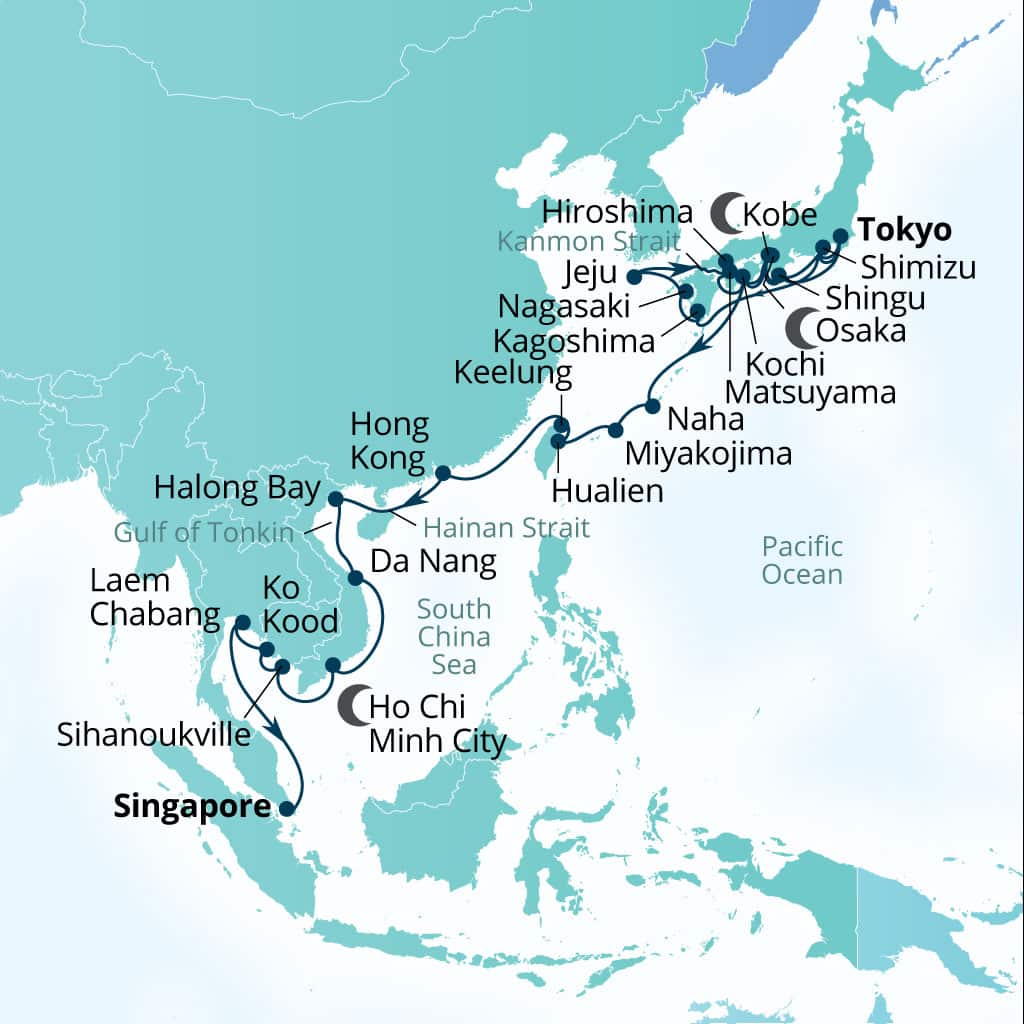 Carte de l’itinéraire Seabourn Encore, Tokyo, Japon → Singapour