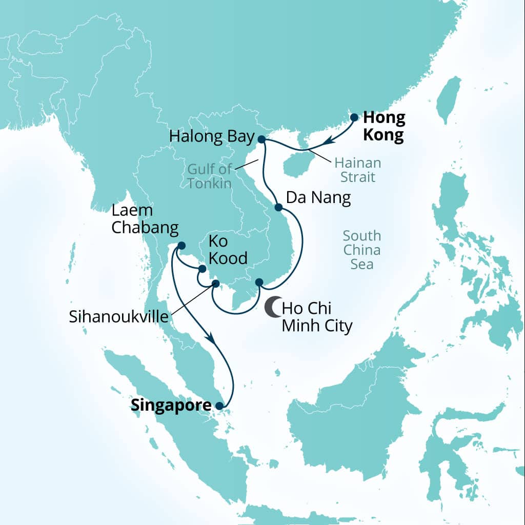 Carte de l’itinéraire Seabourn Encore, Hong Kong, Chine → Singapour