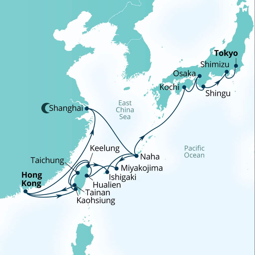 Carte de l’itinéraire Seabourn Encore, Hong Kong, Chine → Tokyo, Japon