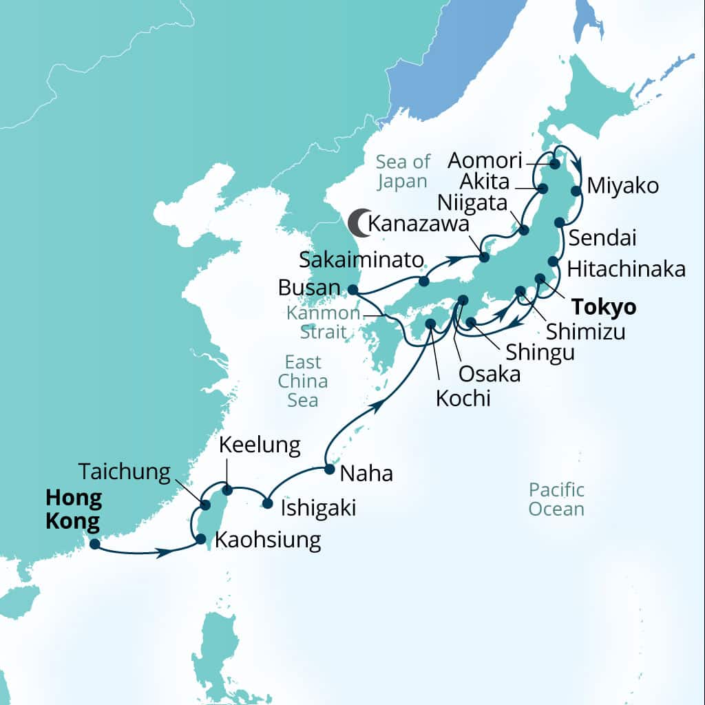 Carte de l’itinéraire Seabourn Encore, Hong Kong, Chine → Tokyo, Japon