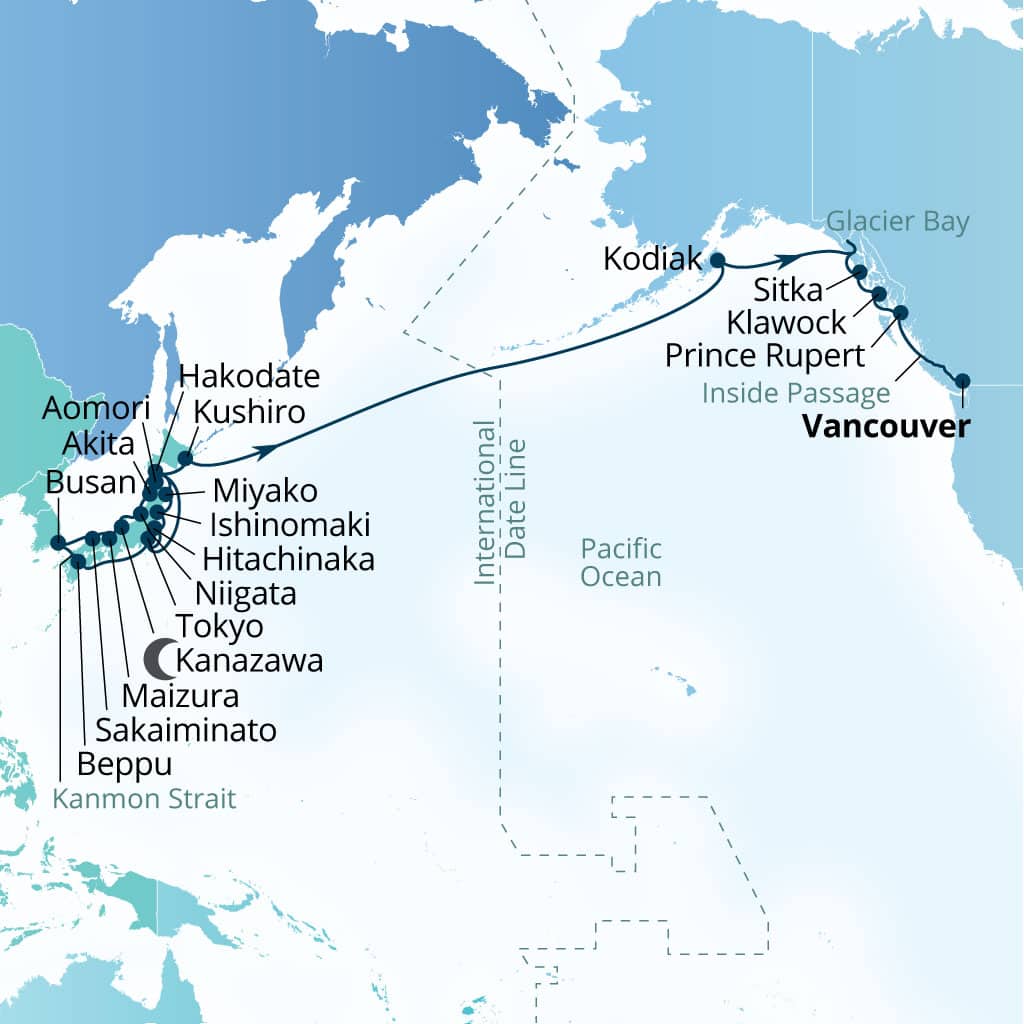 Carte de l’itinéraire Seabourn Encore, Tokyo, Japon → Vancouver, B.C., CA