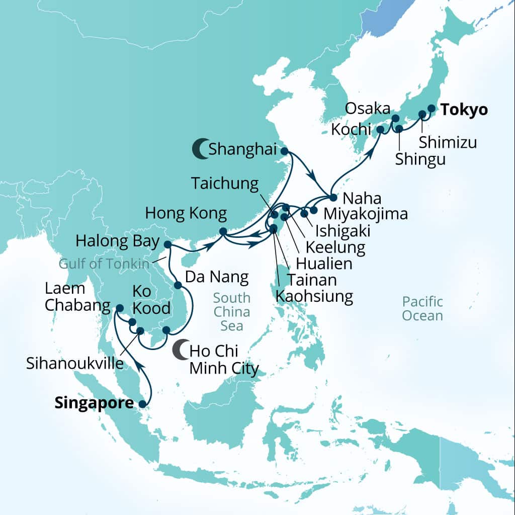 Carte de l’itinéraire Seabourn Encore, Singapour → Tokyo, Japon