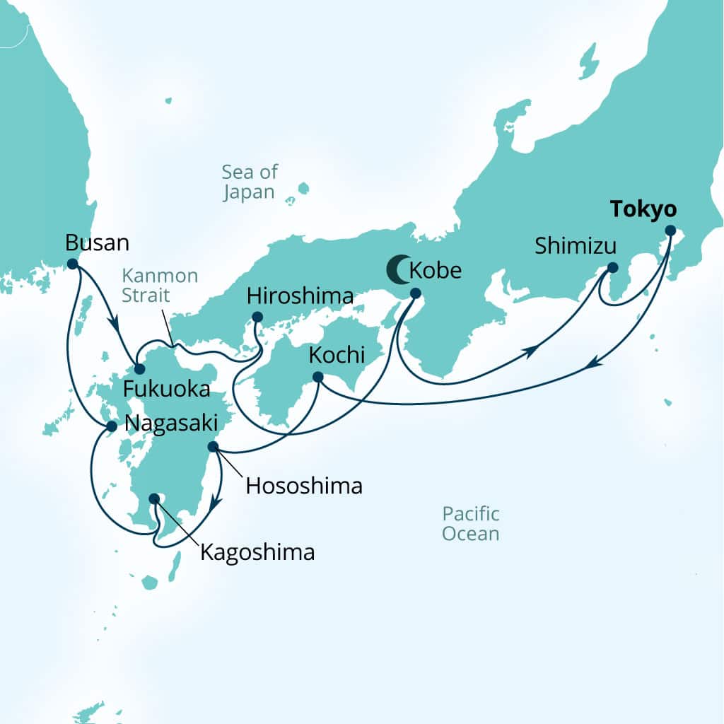 Carte de l’itinéraire Seabourn Encore, Tokyo, Japon → Tokyo, Japon