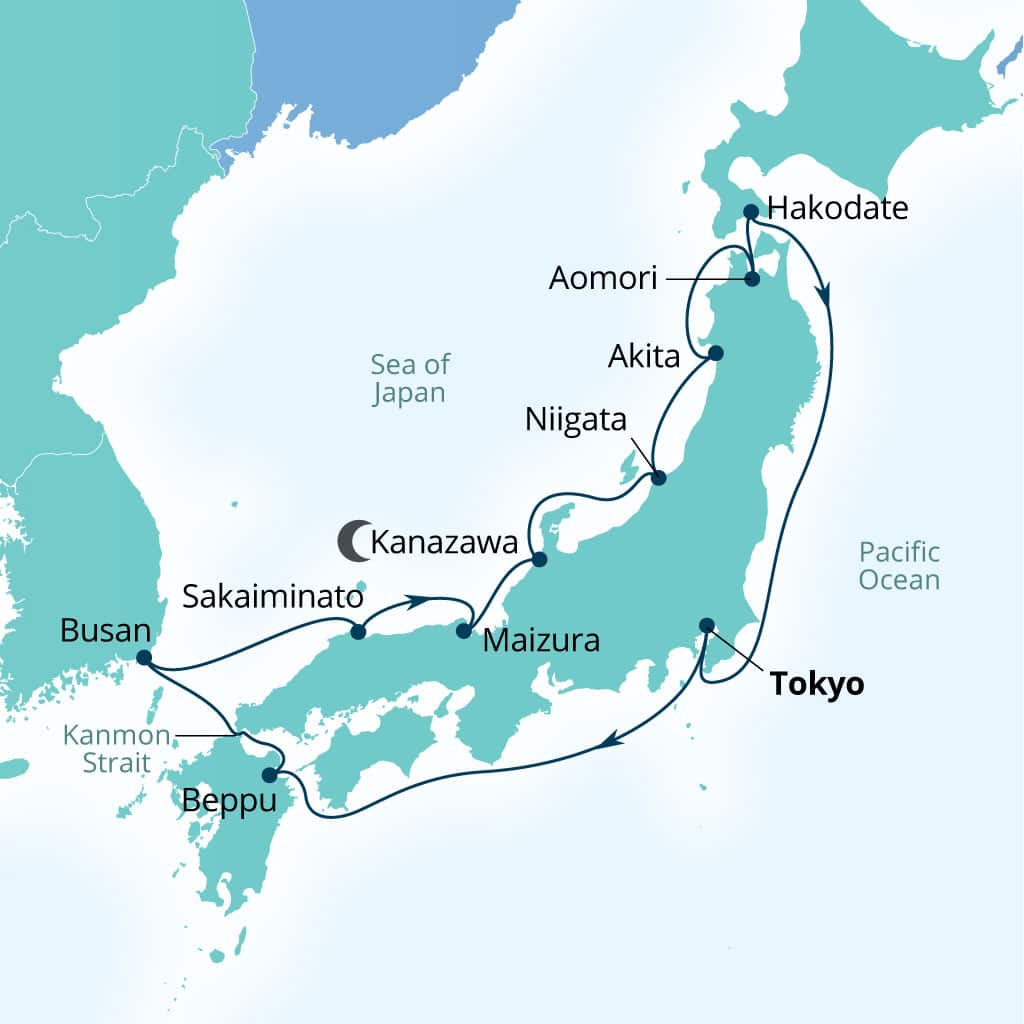 Carte de l’itinéraire Seabourn Encore, Tokyo, Japon → Tokyo, Japon