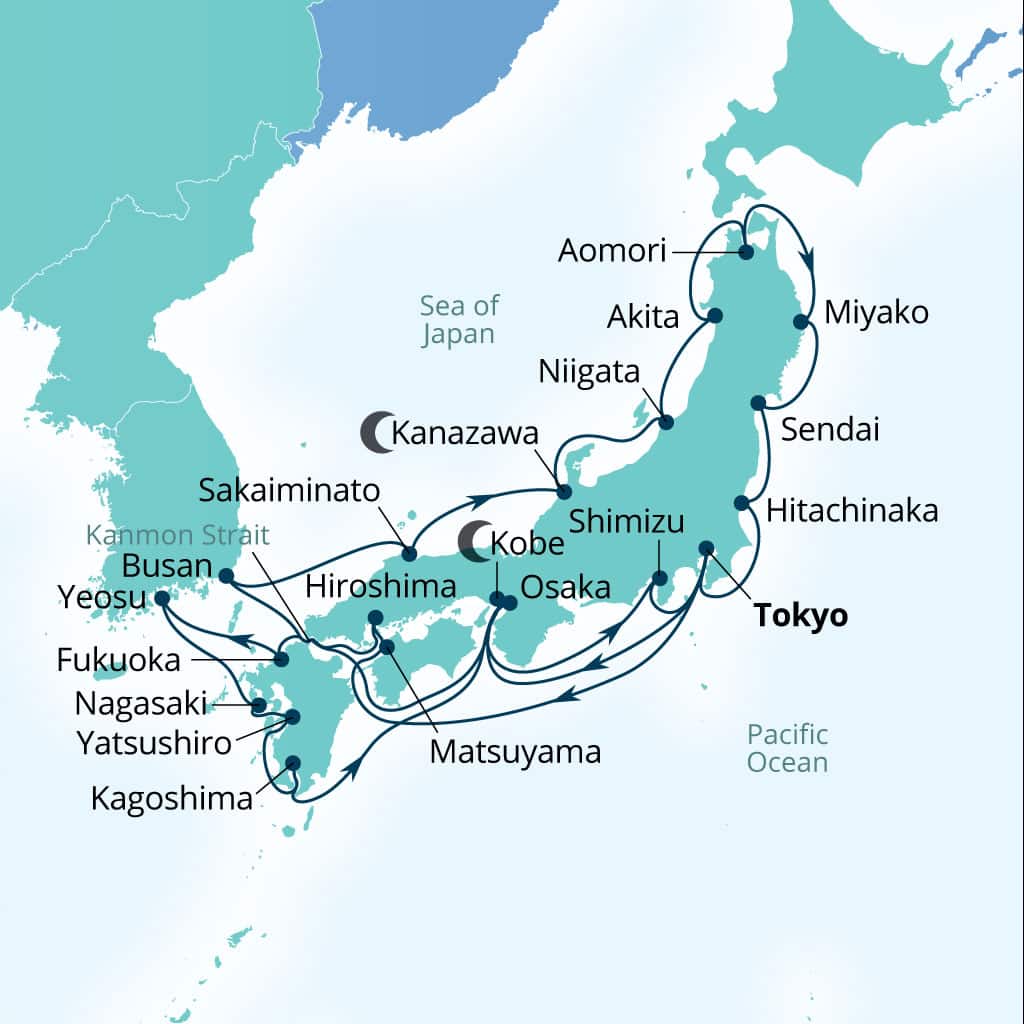 Carte de l’itinéraire Seabourn Encore, Tokyo, Japon → Tokyo, Japon