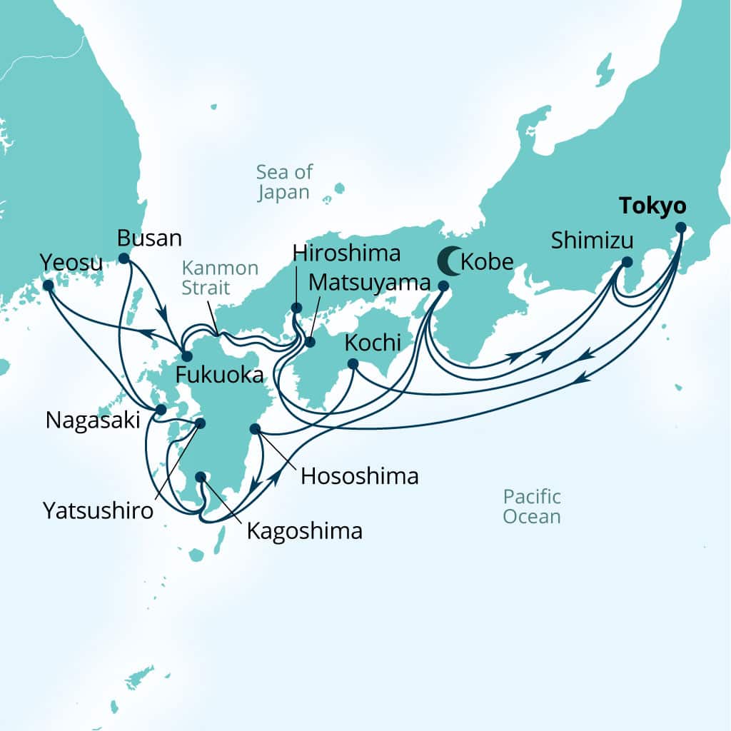 Carte de l’itinéraire Seabourn Encore, Tokyo, Japon → Tokyo, Japon