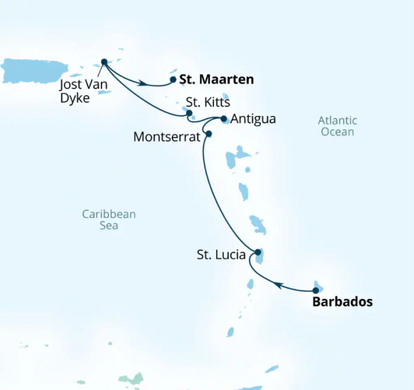 Carte de l’itinéraire Seabourn Ovation, Bridgetown, Barbados → Philipsburg, Sint Maarten