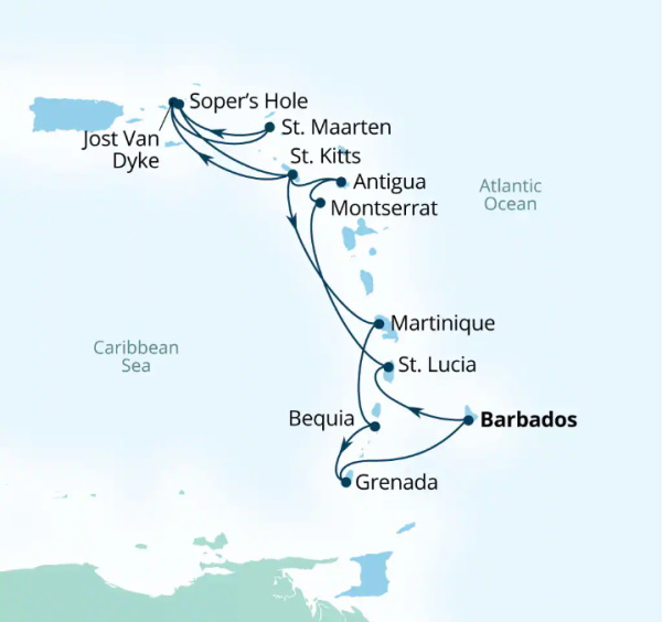 Carte de l’itinéraire Seabourn Ovation, Bridgetown, Barbados → Bridgetown, Barbados
