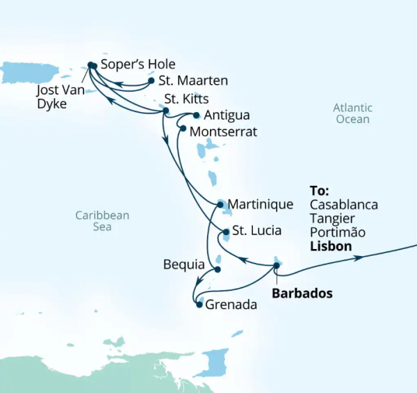 Carte de l’itinéraire Seabourn Ovation, Bridgetown, Barbados → Lisbonne, Portugal