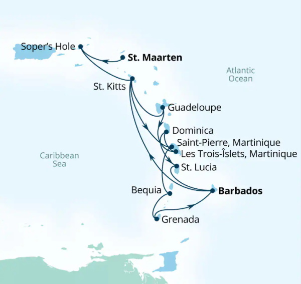 Carte de l’itinéraire Seabourn Ovation, Philipsburg, Sint Maarten → Bridgetown, Barbados