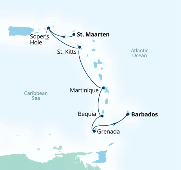 Carte de l’itinéraire Seabourn Ovation, Philipsburg, Sint Maarten → Bridgetown, Barbados