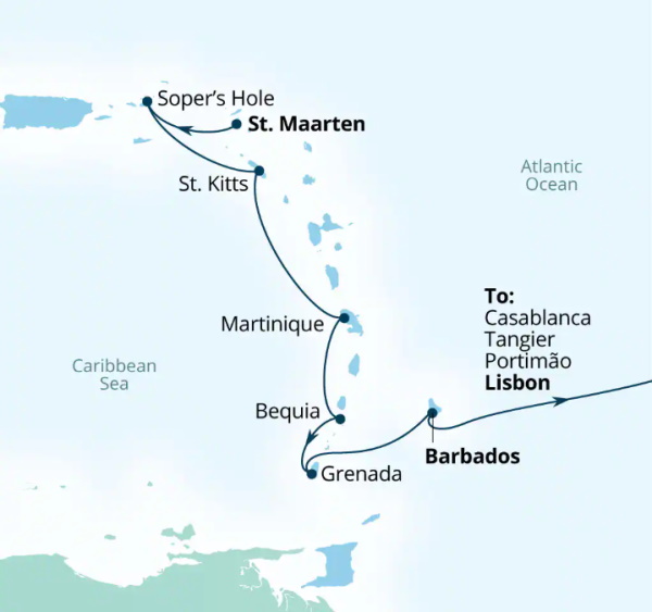 Carte de l’itinéraire Seabourn Ovation, Philipsburg, Sint Maarten → Lisbonne, Portugal