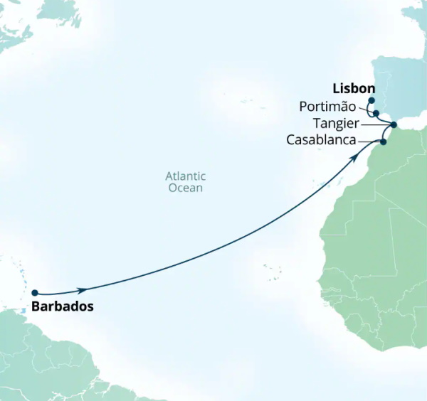 Carte de l’itinéraire Seabourn Ovation, Bridgetown, Barbados → Lisbonne, Portugal